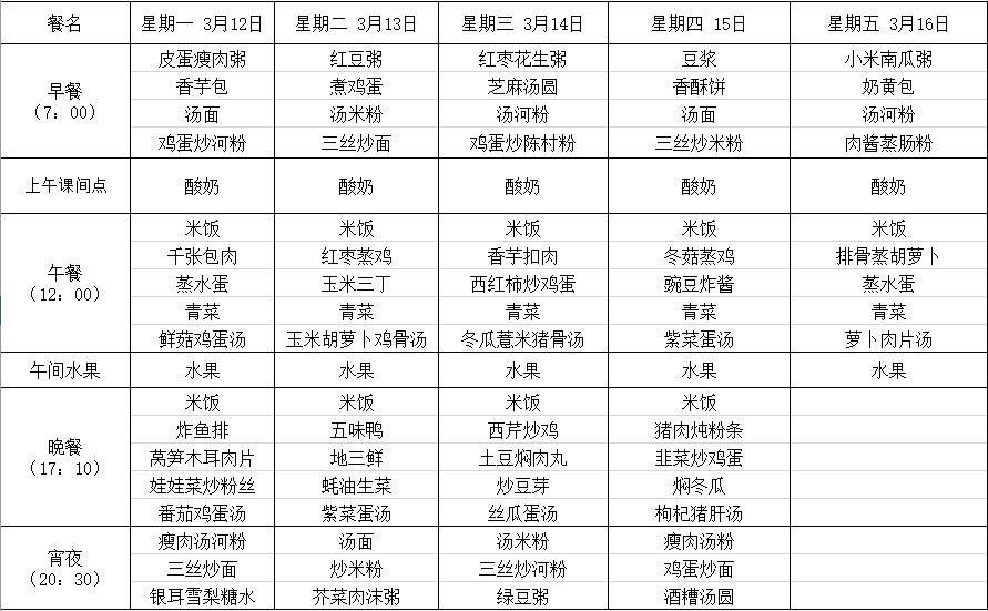 每周食谱 校车路线 每周食谱